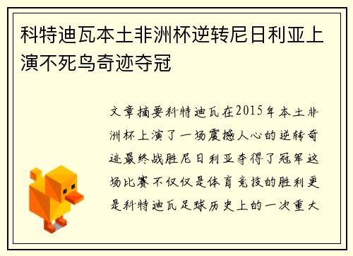 科特迪瓦本土非洲杯逆转尼日利亚上演不死鸟奇迹夺冠 科特迪瓦本土非洲杯逆转尼日利亚上演不死鸟奇迹夺冠